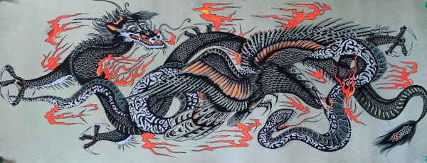 Japanese traditional style drawing of a dragon, eagle and snake battle royale